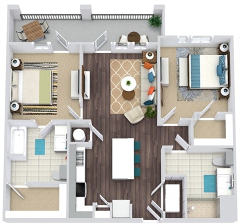 Floor plan for 2 beds, 2 baths, 1091 sqft