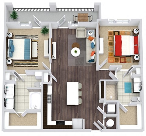 Floor plan for 2 beds, 2 baths, 1091 sqft