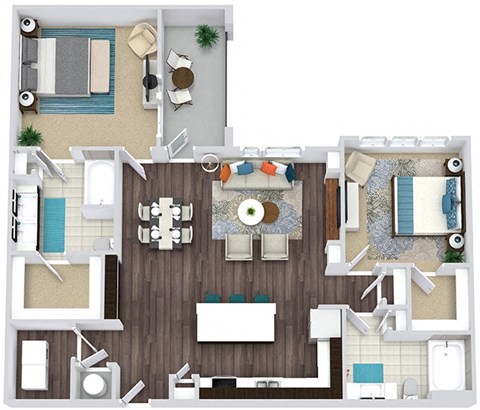Floor plan for 2 beds, 2 baths, 1305 sqft
