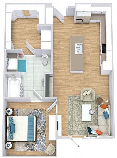 Floor plan for 1 bed, 1 bath, 769 sqft