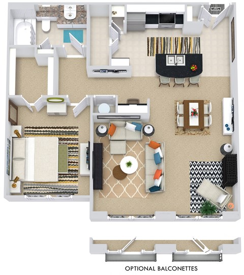 Floor plan for 1 bed, 1 bath, 882 sqft