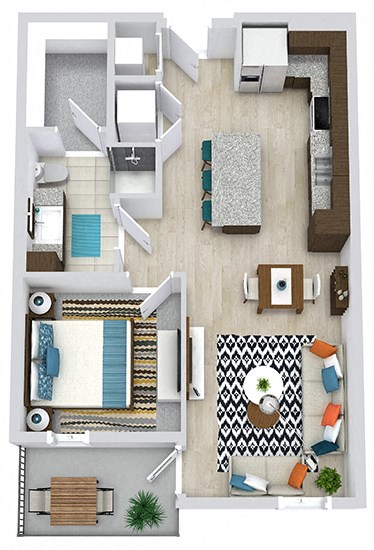 Floor plan for 1 bed, 1 bath, 669 sqft