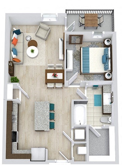 Floor plan for 1 bed, 1 bath, 724 sqft