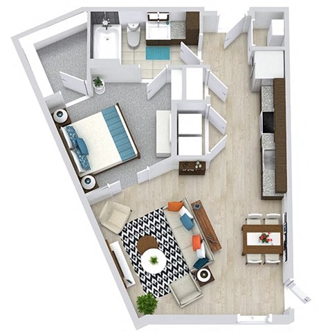 Floor plan for 1 bed, 1 bath, 728 sqft