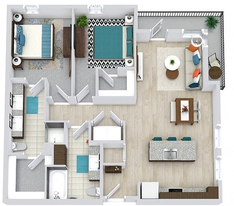 Floor plan for 2 beds, 2 baths, 1064 sqft