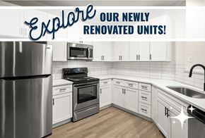 Cedar Park apartment for rent - A kitchen with a refrigerator, oven, microwave, and sink is advertised as newly renovated.