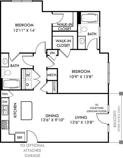 Floor plan for 2 beds, 2 baths, 1125 sqft