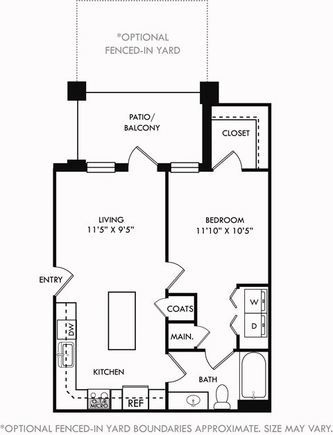 Floor plan for 1 bed, 1 bath, 644 sqft