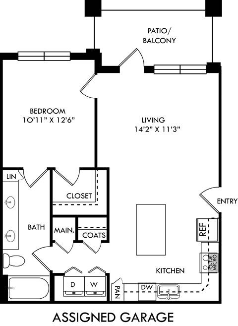 Floor plan for 1 bed, 1 bath, 760 sqft