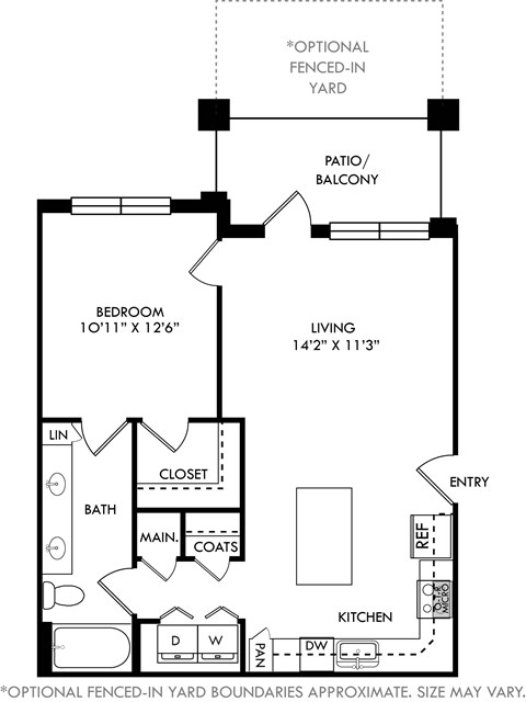 Floor plan for 1 bed, 1 bath, 760 sqft