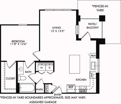 Floor plan for 1 bed, 1 bath, 773 sqft
