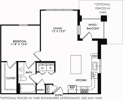 Floor plan for 1 bed, 1 bath, 773 sqft