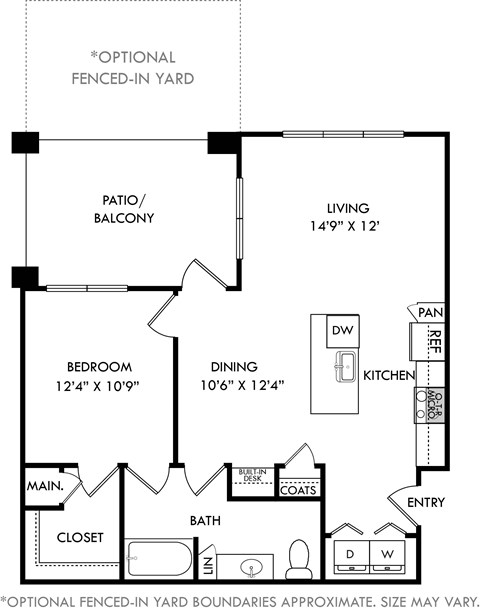 Floor plan for 1 bed, 1 bath, 840 sqft