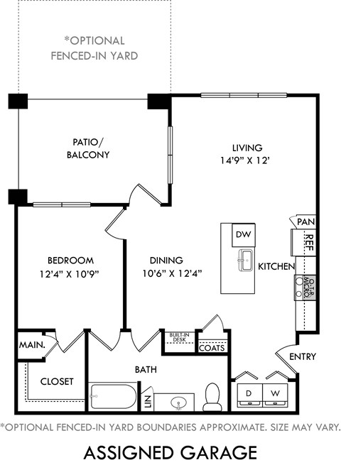 Floor plan for 1 bed, 1 bath, 840 sqft