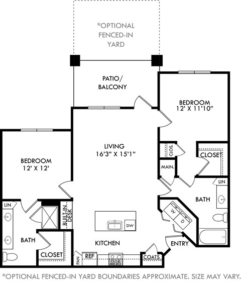 Floor plan for 2 beds, 2 baths, 1144 sqft