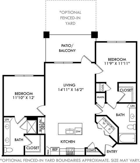 Floor plan for 2 beds, 2 baths, 1169 sqft