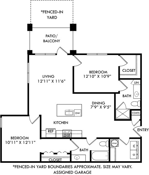 Floor plan for 2 beds, 2 baths, 1169 sqft