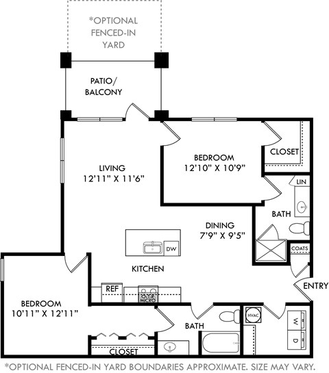 Floor plan for 2 beds, 2 baths, 1169 sqft
