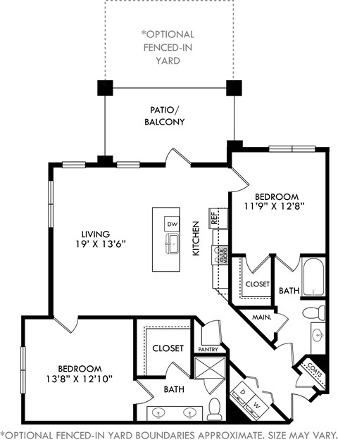 Floor plan for 2 beds, 2 baths, 1243 sqft