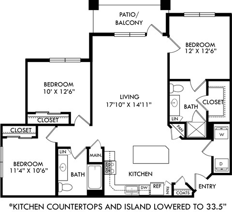 Floor plan for 3 beds, 2 baths, 1351 sqft