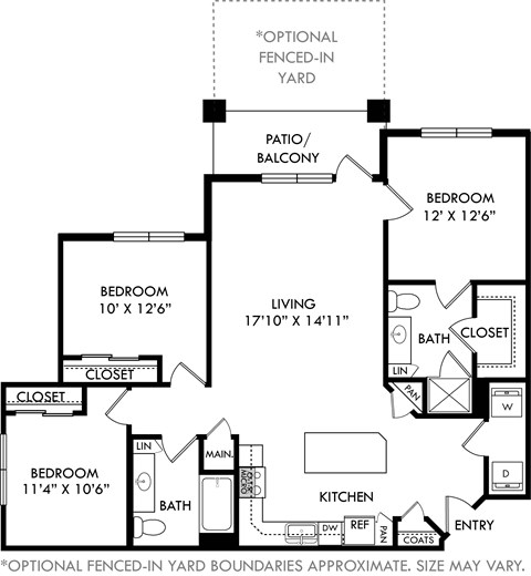 Floor plan for 3 beds, 2 baths, 1351 sqft
