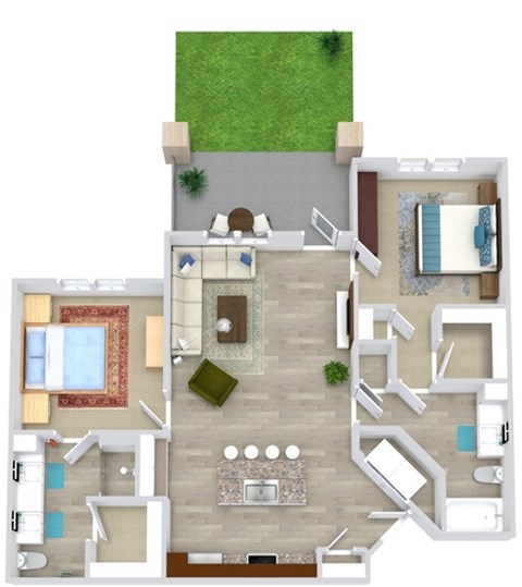 Floor plan for 2 beds, 2 baths, 1169 sqft