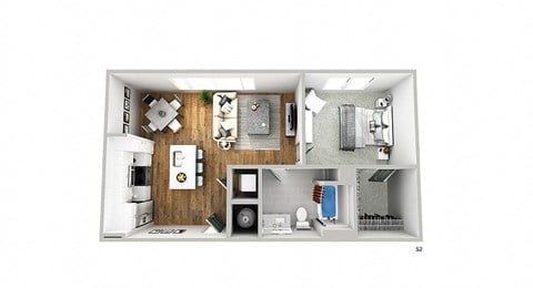 Floor plan for 1 bed, 1 bath, 616 sqft