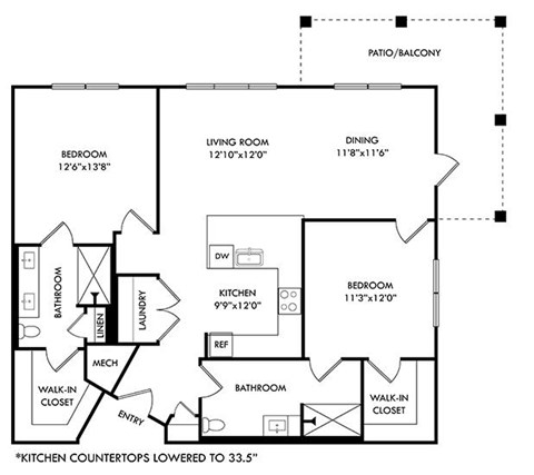 Floor plan for 2 beds, 2 baths, 1206 sqft