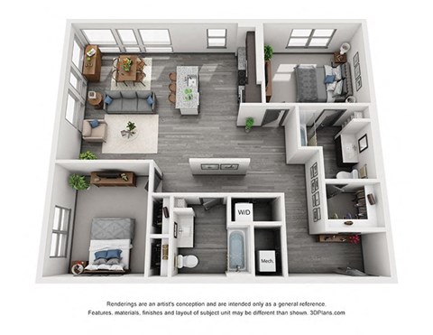 Floor plan for 2 beds, 2 baths, 1216 sqft