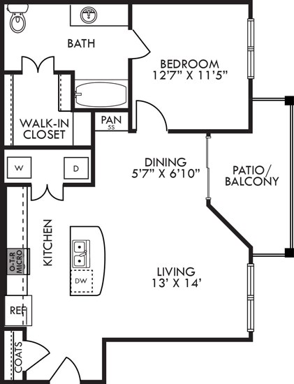 Floor plan for 1 bed, 1 bath, 785 sqft