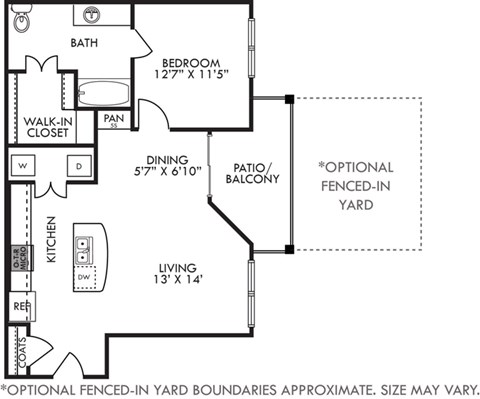Floor plan for 1 bed, 1 bath, 785 sqft