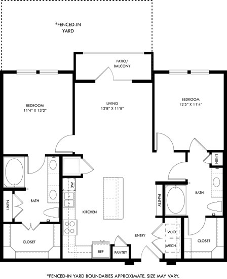 Floor plan for 2 beds, 2 baths, 1135 sqft