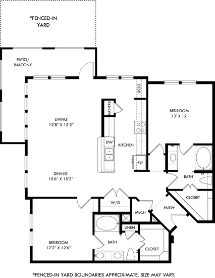 Floor plan for 2 beds, 2 baths, 1342 sqft
