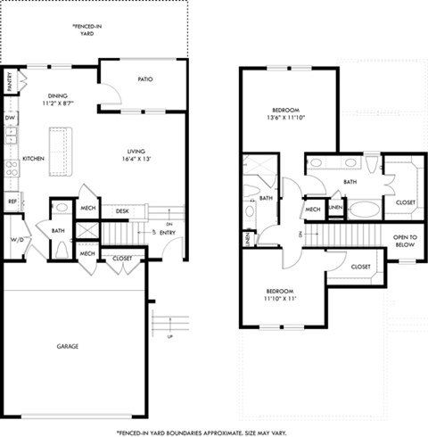 Floor plan for 2 beds, 2.5 baths, 1348 sqft