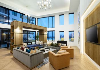 South building: clubroom with coffee bar, lounge seating with tv, ping pong table and foosball