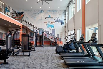 North building: 24-hour cardio & strength training fitness center with peloton bike, peloton row, pilates reformer, trx training equipment, yoga and stretching area, with outdoor fitness center