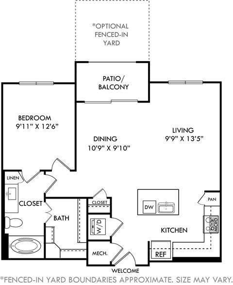 Floor plan for 1 bed, 1 bath, 819 sqft