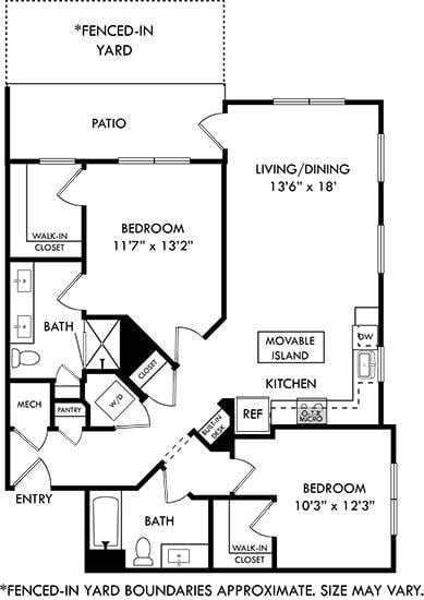 Floor plan for 2 beds, 2 baths, 1132 sqft