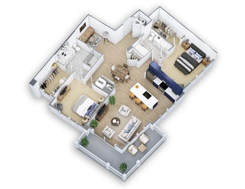 Floor plan for 2 beds, 2 baths, 1360 sqft