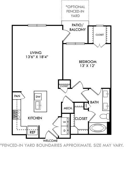 Floor plan for 1 bed, 1 bath, 852 sqft