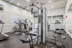 Broomfield apartment for rent - A gym with a variety of equipment including treadmills, weights, and exercise machines. at Deer Crest Apartments, Broomfield