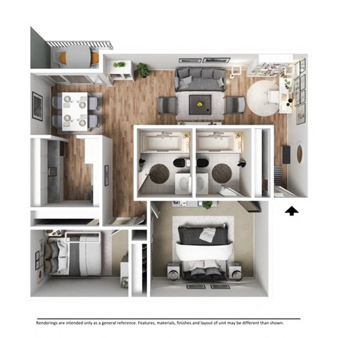 Floor plan for 2 beds, 2 baths, 990 sqft