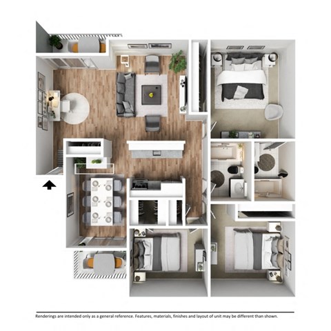 Floor plan for 3 beds, 2 baths, 1300 sqft