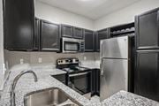 Greensboro apartment for rent - A kitchen with black cabinets and stainless steel appliances. at Bridford Lake Apartments, Greensboro, NC, 27407