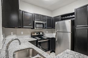 Greensboro apartment for rent - A kitchen with black cabinets and stainless steel appliances. at Bridford Lake Apartments, Greensboro, NC, 27407