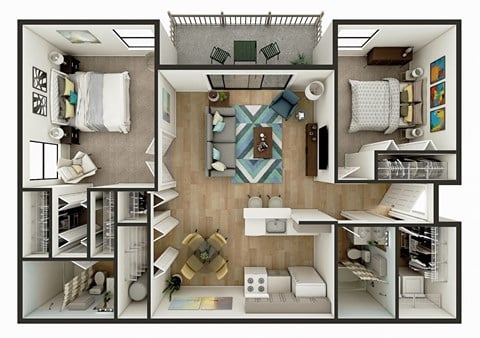Floor plan for 2 beds, 2 baths, 1050 sqft