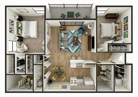 Floor plan for 2 beds, 2 baths, 1050 sqft