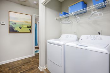 A laundry room with a washer and dryer and a painting on the wall
