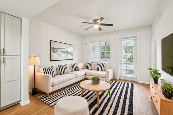 Jupiter apartment for rent - Living Room With Ceiling Fan at The Dakota, Jupiter, FL, 33458