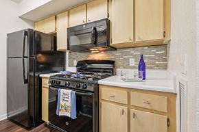 Orlando apartment for rent - A kitchen with a black refrigerator and stove top oven. at University Park Apartments, Florida